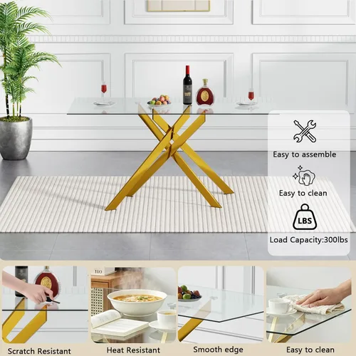 Vista 5 de Juego de mesa de comedor de cristal para 4, juego de mesa de cocina moderno de 5 piezas 52''Rectangular Glass Dining Set with 4 PU Leather