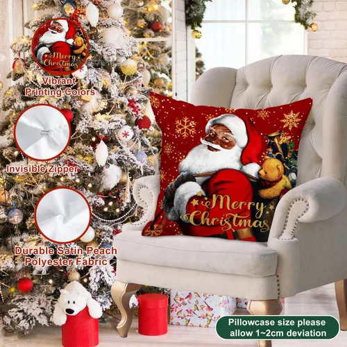 Vista 6 de Lanpn Juego de 4 fundas de almohada navideñas de Papá Noel negro de 16 x 16 pulgadas, funda de cojín decorativa de Navidad negra afroamericana de 16