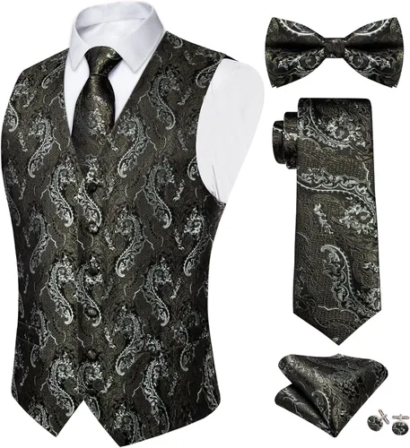 Vista 33 de DiBanGu Conjunto de 5 chalecos de seda con corbata y corbatín para hombre Paisley oro negro