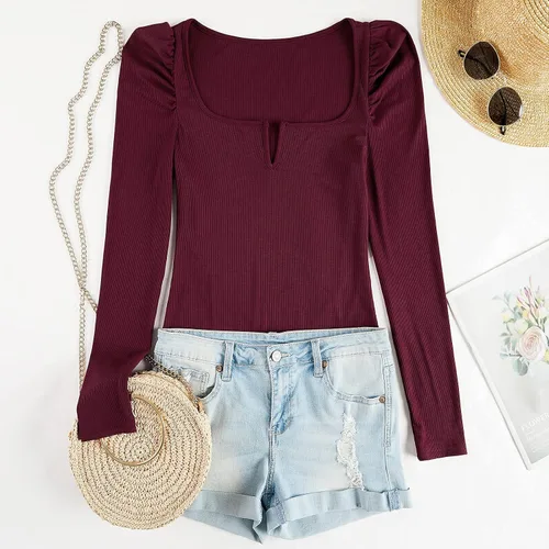 Vista 4 de Valphsio Womens Puff Long Sleeve Top Ribbed Knit Slim T Shirt Square Neck Solid Blouse