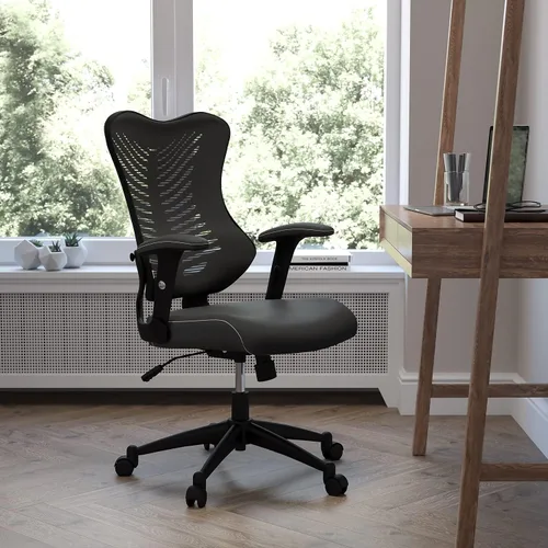 Vista 2 de Flash Furniture Kale Silla de oficina ergonómica giratoria ejecutiva de malla negra con asiento LeatherSoft y brazos ajustables Asiento ergonómico