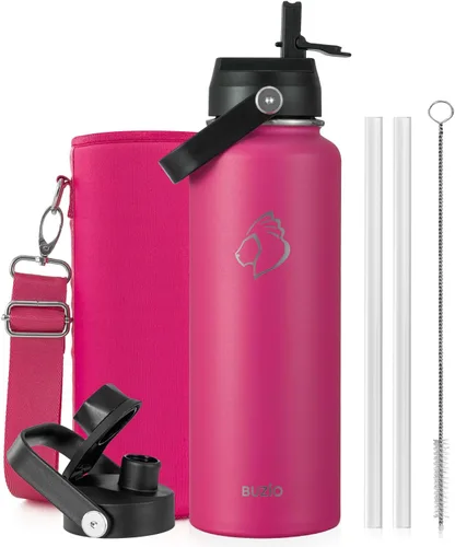 Vista 99 de BUZIO Botella de agua aislada de 24 oz, frasco de agua de boca ancha de acero inoxidable con tapa de pajita, frío durante 48 horas a prueba de Negro