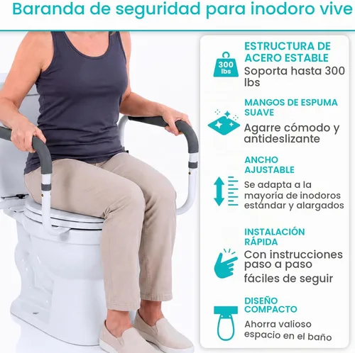 Vista 2 de Vive Barandilla de seguridad para inodoro, barra de agarre ajustable, marco