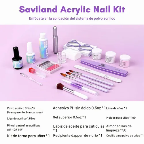 Vista 2 de Kit de uñas acrílicas SAVILAND con taladro: juego profesional de polvo acrílico de 0.5Oz transparente/blanco/rosa y líquido de 50ml con taladro