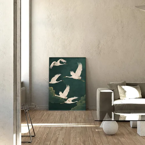 Vista 7 de Arte de pared de grúa blanca, póster de pájaros voladores, pintura abstracta verde, arte de grúa voladora, arte de pared de aves costeras, póster