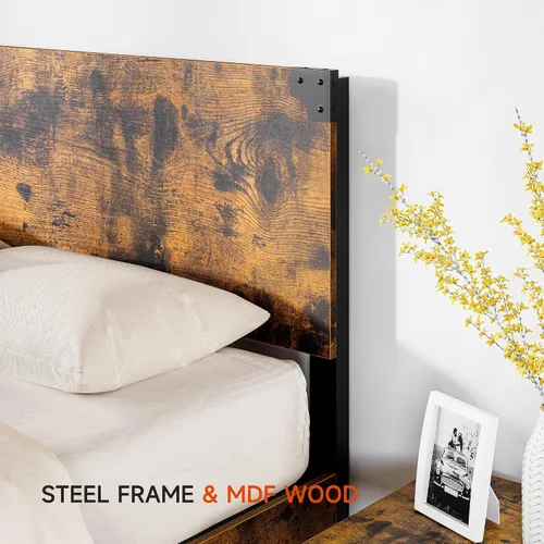Vista 6 de coucheta Base de cama de tamaño matrimonial con 4 cajones de almacenamiento y cabecero, plataforma de metal resistente y madera rústica, marco