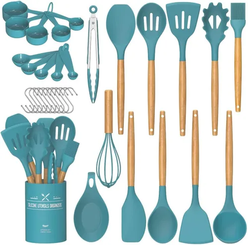 Vista 13 de Umite Chef Juego de utensilios de cocina de cocina, 33 piezas de espátula de cocina de silicona antiadherente con soporte, mango de madera, juego