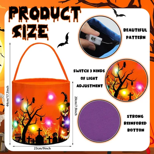 Vista 2 de Teling 6 bolsas de dulces de calabaza con luces LED para Halloween con luces LED para Halloween, bolsa de regalo reutilizable para suministros