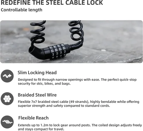 Vista 3 de Pequeño Combo Cable de bloqueo de bicicleta, cerradura de cable de combinación retráctil con código, para equipaje seguro de viaje, maleta, scooter