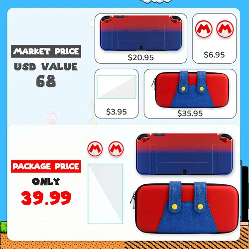 Vista 6 de GLDRAM Carrying Case of Mario Theme for Nintendo Switch OLED, Portable Switch Travel Accessories Bundle with Red & Blue Gradient OLED PC Protective