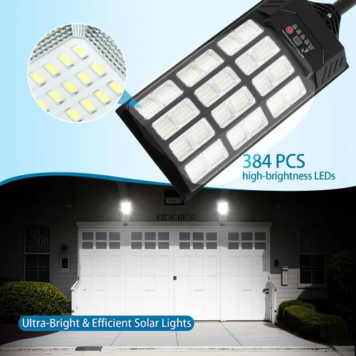 Vista 7 de Farolas solares impermeables para exteriores, 38000 lúmenes, luz de inundación solar gran angular, luz de estacionamiento LED con sensor