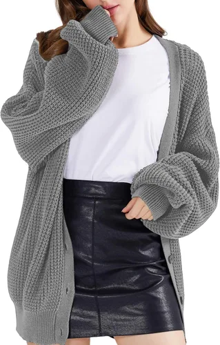 Vista 7 de QUALFORT - Suéter tipo cárdigan de punto para mujer, 100% algodón, de manga larga, con botones y de gran