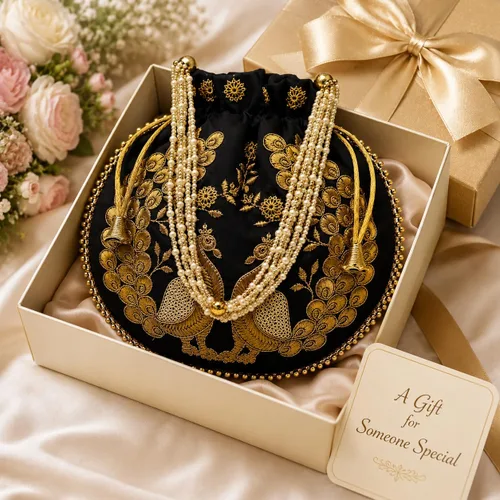 Vista 3 de Bolsa de terciopelo bordada para mujer, bolsa con cordón, regalo de boda dorado para mujer Negro