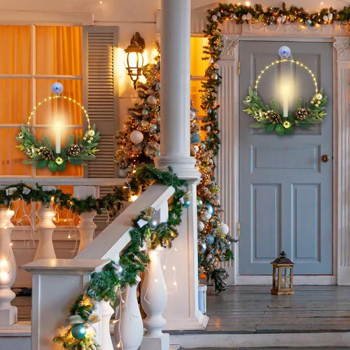 Vista 3 de Paquete de 2 coronas de Navidad para puerta delantera con luces y velas LED parpadeantes y control remoto, coronas de ventanas de 16 pulgadas