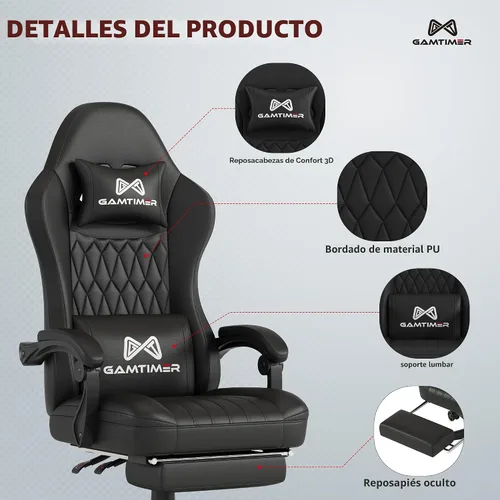 Vista 4 de Gamtimer - Silla de juegos con reposapiés, silla ergonómica para computadora, material transpirable de poliuretano con reposacabezas y soporte