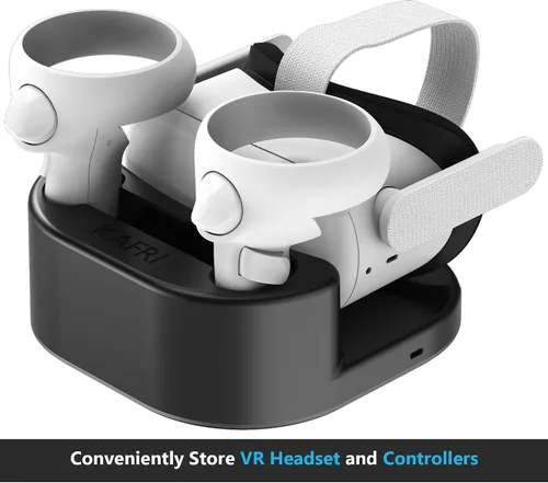 Vista 2 de KAFRI Base de carga para Oculus Quest 2 con luz LED soporte de carga de auriculares de realidad virtual y soporte de controlador accesorios