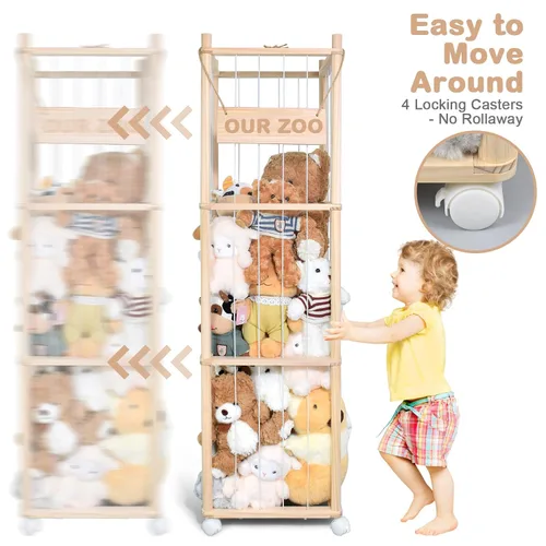 Vista 7 de Almacenamiento de animales de peluche, bonito soporte de madera para juguetes de zoológico con ruedas de freno, organizador de juguetes de ahorro