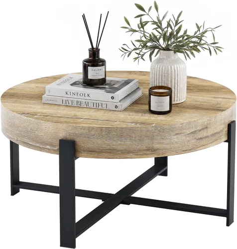 Vista 14 de LKTART Mesa de centro para sala de estar, mesas de centro redondas de madera con almacenamiento, mesa de té moderna de centro de metal para Marrón