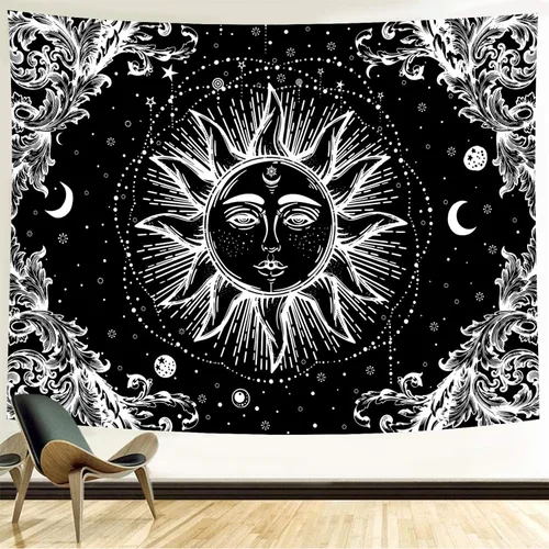 Vista 11 de Neapth Tapiz de sol para decoración de dormitorio y dormitorio, arte de pared blanco y negro, sol y luna, 59 x 59 pulgadas 1 Montaña del Sol