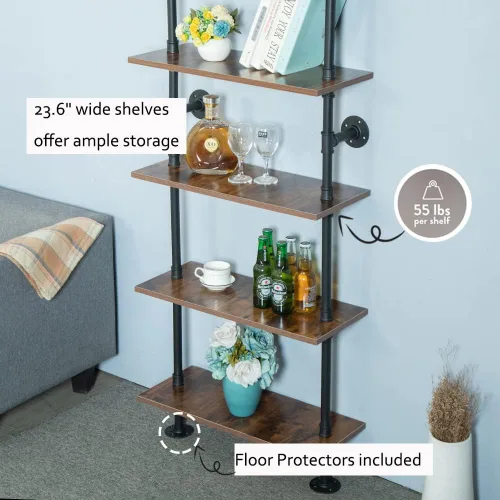 Vista 4 de Estantería Industrial de 5 estantes con tubos, estantería moderna y negra, estante de escalera para montaje en pared con marco de metal