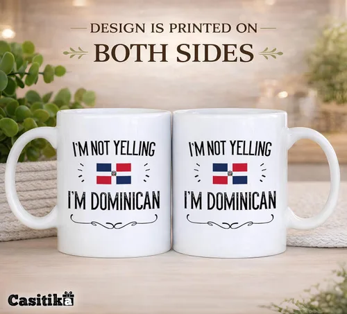Vista 8 de Casitika Divertidos regalos de República Dominicana. Taza de café de cerámica de 11 onzas con texto en inglés "I'm Not Yelling I'm Dominican". Tazas