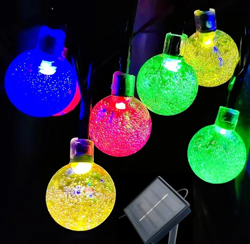 Vista 10 de Cadena de luces solares para exteriores resistentes al agua, 36 pies, 60 LEDs, 8 modos, luces solares de hadas con forma de globo de cristal