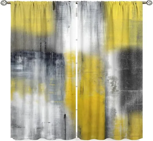 Vista 22 de Cortinas degradadas grises y negras, con textura geométrica moderna abstracta para cocina, dormitorio, sala de estar, juegos de 2 paneles
