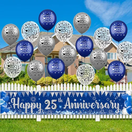 Vista 7 de Decoraciones azules plateadas para el 25 aniversario para hombres y mujeres, pancarta azul feliz 25 aniversario y 18 globos para suministros