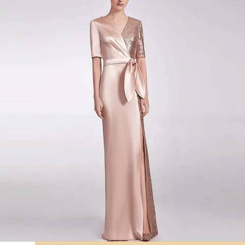 Vista 4 de na Vestido de noche largo de tela con costuras doradas de temperamento delgado para mujer, talla grande, lentejuelas delgadas para banquete