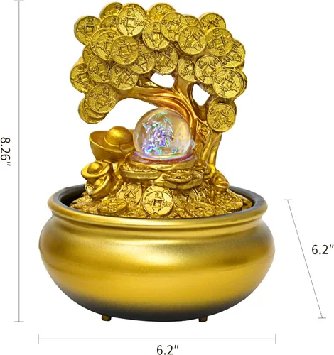 Vista 2 de Árbol de dinero dorado Feng Shui fuente de agua de escritorio decoración de cascada con luz LED, portátil, mesa decorativa, meditación zen, cascada