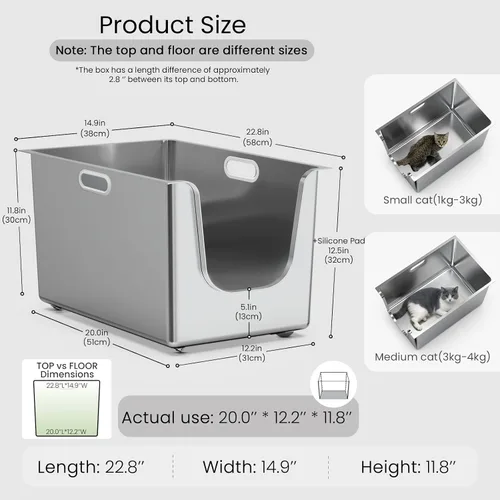 Vista 2 de Caja de arena de acero inoxidable con lados altos de 11.8 pulgadas, caja de arena de metal XL para gatos con entrada baja curva, bandeja de arena