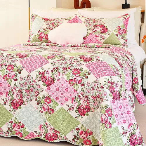 Vista 14 de Cmfshape - Juego de cama con edredón acolchado floral de verano tamaño king, juego de colcha rosa romántico, cubrecama reversible cosido para todas