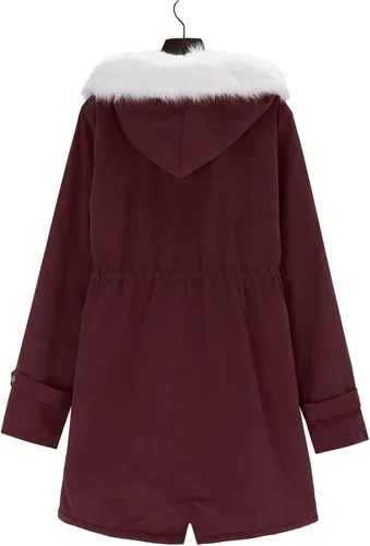 Vista 7 de SNKSDGM Abrigo de invierno con forro de piel sintética para mujer, abrigo de invierno con bolsillos, Rojo