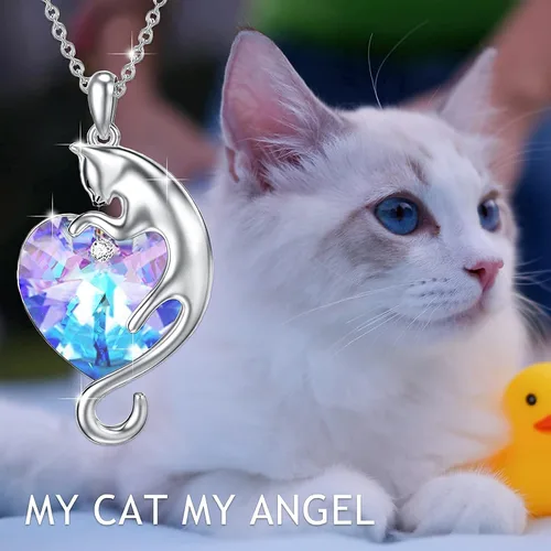 Vista 4 de AOBOCO Joyas de gato para mujer, juego de collar y aretes de plata de ley con corazón morado de cristal de Austria