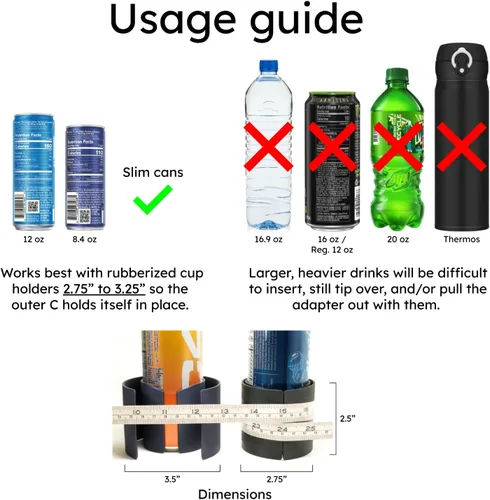 Vista 4 de C² Adaptador Inserto Flexible Delgado de Portavasos para Latas de Automóvil (Negro, EE.UU. (x2)) - Fabricado en EE.UU. - Asegura Bebidas Energéticas