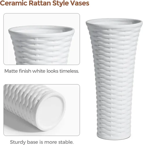 Vista 7 de ComSaf - Jarrones blancos para decoración de cerámica, juego de 3, jarrones de porcelana únicos para decoración del hogar, jarrones estilo ratán