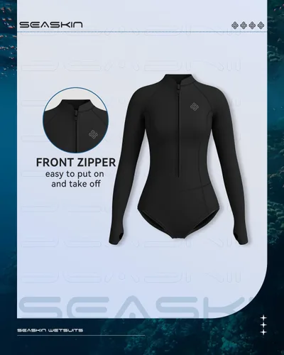 Vista 4 de Seaskin Traje de neopreno para mujer de 2 mm, de una pieza, mangas largas, traje corto de buceo