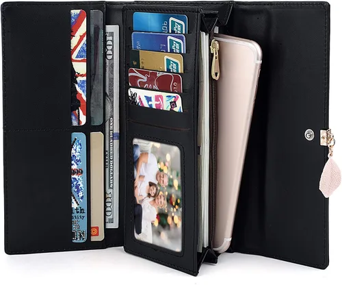 Vista 81 de UTO - Cartera pequeña RFID de piel sintética con dije de hoja, cierre de cremallera y tarjetero.