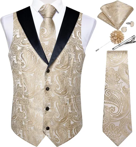 Vista 14 de DiBanGu Chaleco de traje de cachemira para hombre, chaleco jacquard de seda y corbata, chaleco formal de cuello de chal, 7 piezas para fiesta