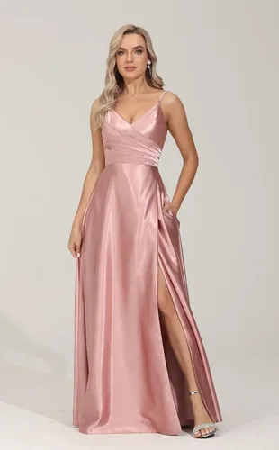Vista 2 de HSFIYAKJ Vestidos largos de dama de honor, línea A, con cuello en V, tirantes delgados, abertura de satén, formal, vestidos de fiesta de noche