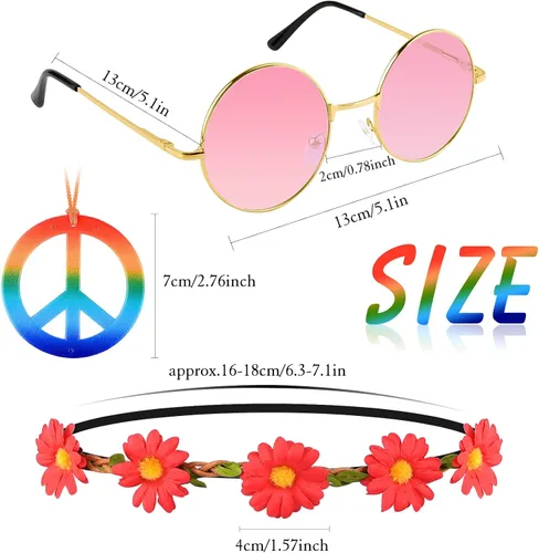Vista 2 de TUPARKA Juego de 60 piezas de accesorios de disfraz de gafas hippie que incluye diademas multicolor de margaritas, gafas de sol hippie redondas