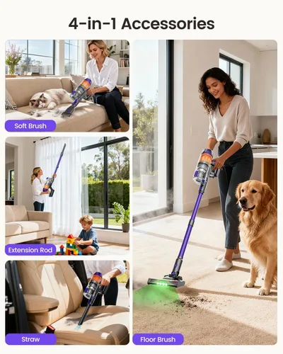 Vista 9 de Aspiradora inalámbrica, 500W 40KPa 60 minutos, aspiradoras para el hogar, potente aspiradora de palo con luz verde, aspiradora inalámbrica Morado