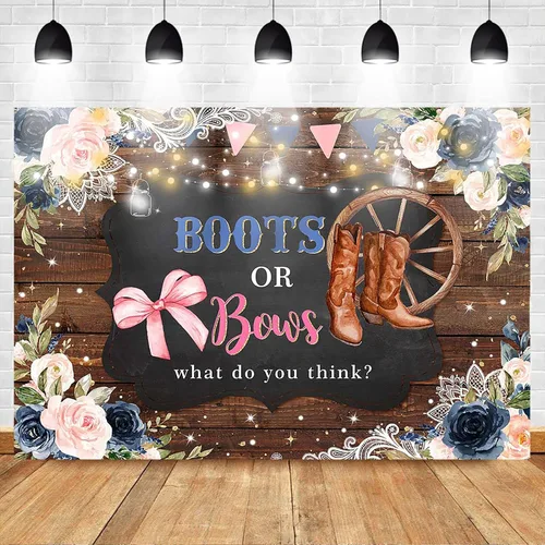 Vista 2 de Mocsicka Fondo para revelación de género, botas o lazos, de madera rústica, floral, decoración de fiesta de baby shower, fondo de revelación