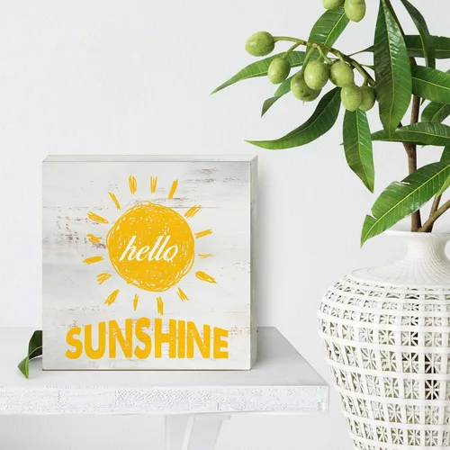 Vista 4 de Letrero de madera con texto en inglés "Farmhouse Hello Sunshine", decoración del hogar, caja de madera rústica de primavera, placa de bloque