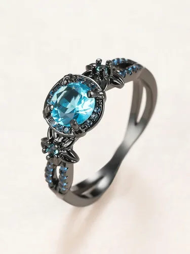 Vista 5 de Anillos góticos negros para mujer, topacio arcoíris místico con flor de amatista creada, anillo de compromiso gótico de oro negro, talla 6 a 11