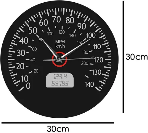 Vista 2 de The Geeky Days Reloj de pared silencioso impreso con velocímetro, kilómetros y millas, arte de pared de mecánica de carreras, reloj de pared negro