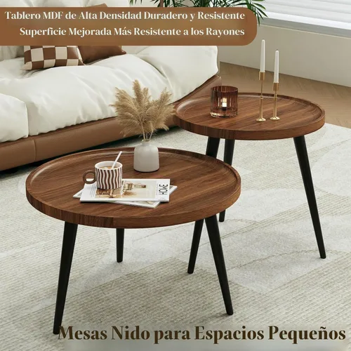 Vista 3 de 2 piezas de mesa de centro moderna de mediados de siglo, redonda para sala de estar, fácil de montar, mesas de centro anidables, mesa de centro