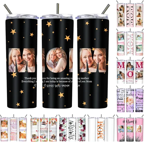 Vista 25 de Regalos para el Día de la Madre, vaso personalizado con foto de mamá, vasos delgados con tapa de nombre y pajita, 20 onzas, taza de café de viaje