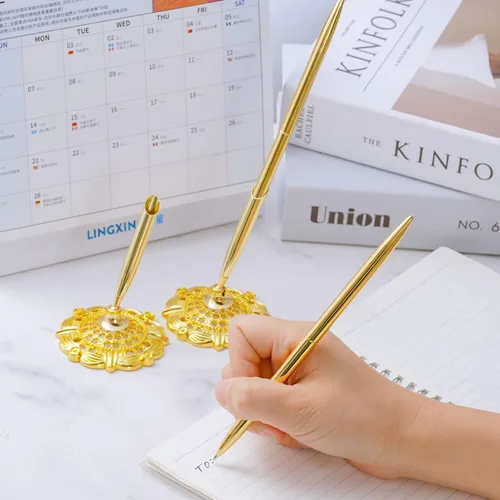 Vista 2 de jiebor Juego de 2 bolígrafos de boda dorados y soporte de metal para bolígrafo de escritorio de firma para libro de invitados, compromiso, negocios