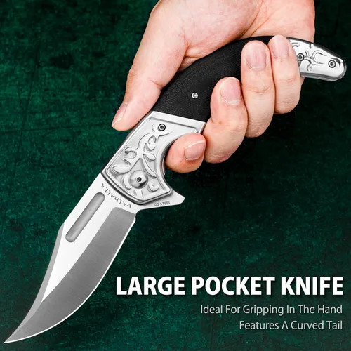 Vista 4 de VALHALLA Cuchillo de bolsillo para hombres, cuchillo plegable grande de acero D2 de 3.7 pulgadas, cuchillo de bolsillo grande con mango G10